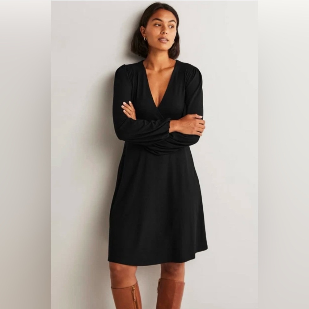 Boden Black Wrap Dress Long Sleeve Knee Length Size US 8